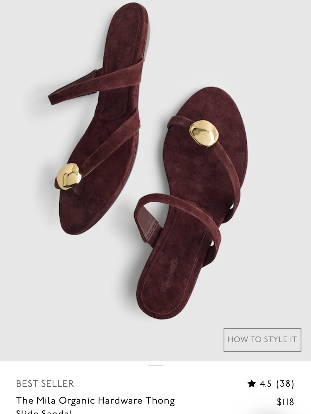 NIB • Madewell mila organic hardware thong sandal in espresso bean suede